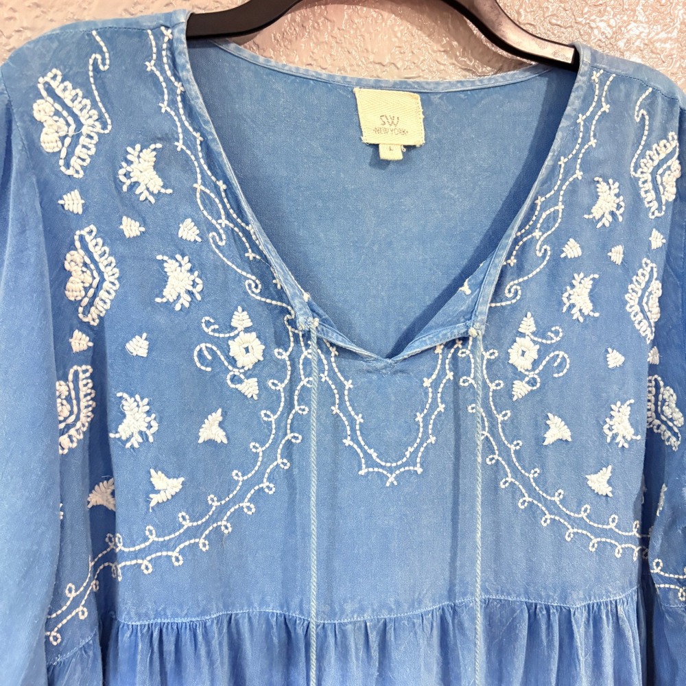 Boho Embroidered Peasant Top Blue Tassel V-Neck Peplum Blouse Size L - Picture 2 of 10